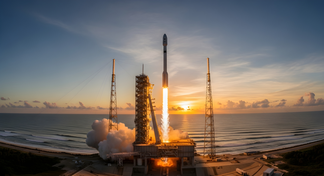  Alt text: Rocket launch at Kennedy Space Center on Florida’s Space Coast with ocean in the background.