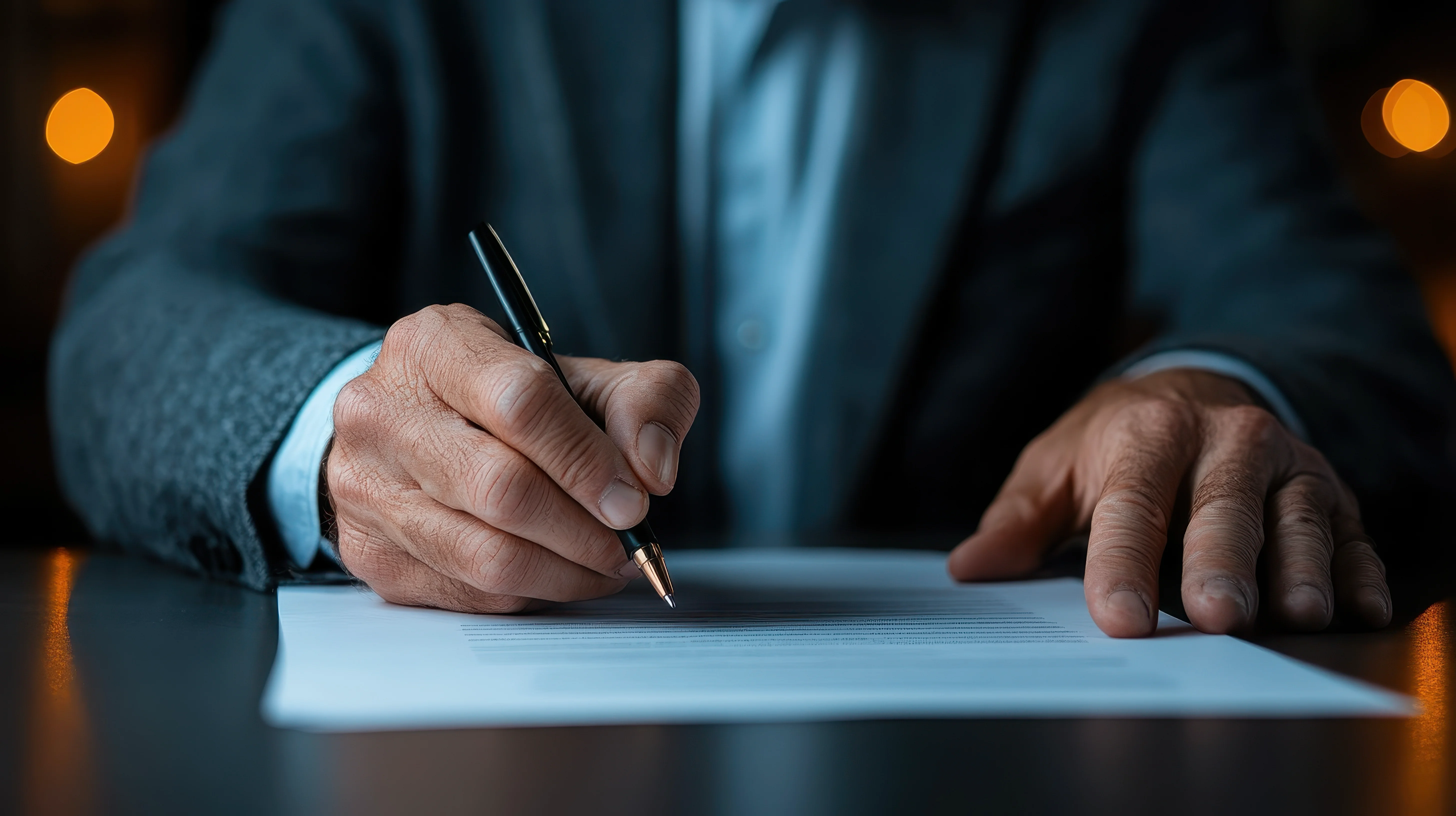 Close-up of a man in a suit signing a written lease agreement with a pen, symbolizing rental contracts and property management.