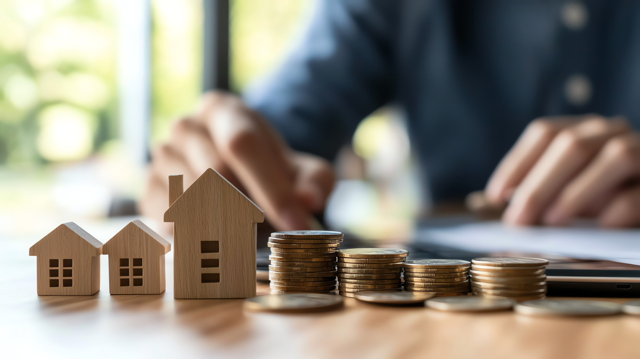 Stacked coins with small wooden houses representing property investment and rental income growth.