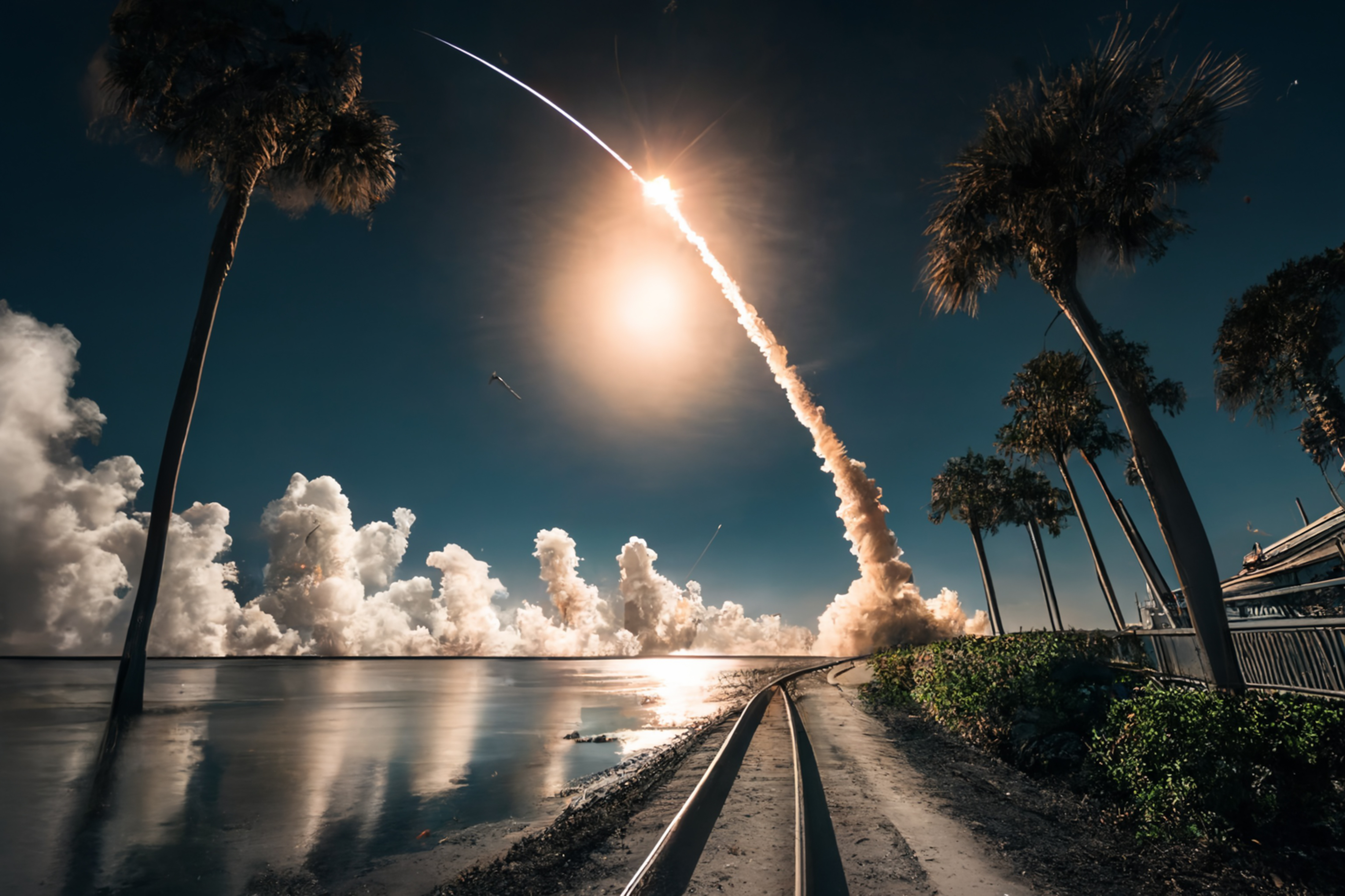 A rocket launches into the sky near palm trees on Florida’s Space Coast, highlighting the region’s growth, innovation, and appeal for investors and tenants alike